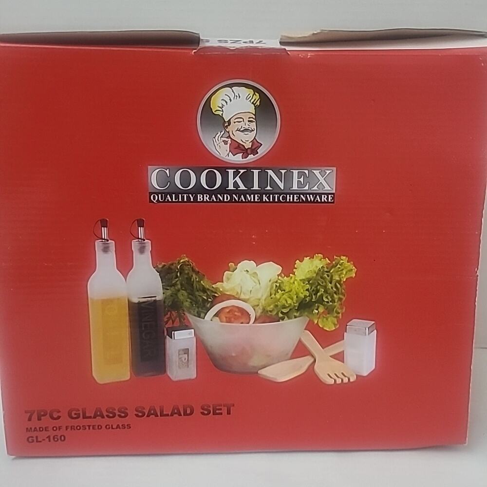COOKINEX 7 Piece Frosted Glass Salad Set Bowl Oil Vinegar Cruet 2 Spice Bottle